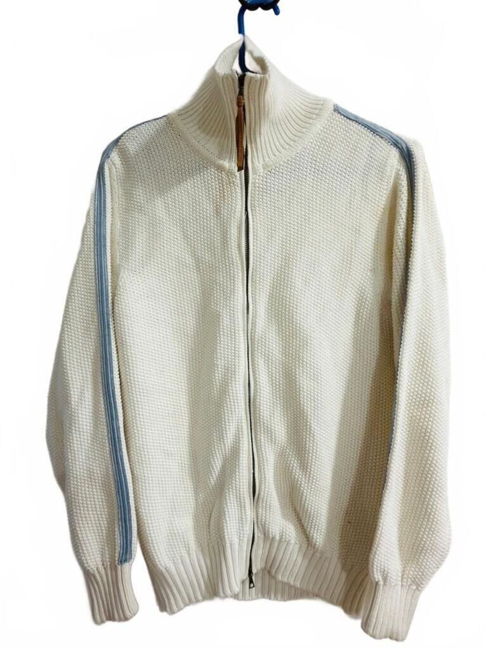 Vintage Valentino Italy Cream Cotton Knit Full Zip Sweater Jacket Blue Trim S